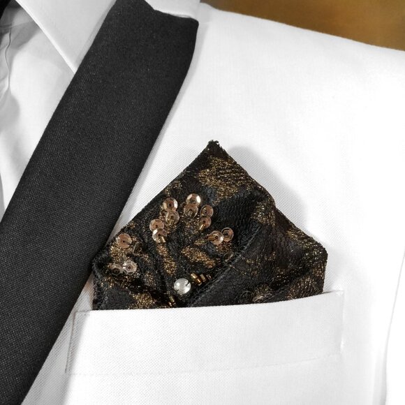 Men's Black & Gold Metallic Sequin Formal Pocket Square Insert - Picture 1 of 7